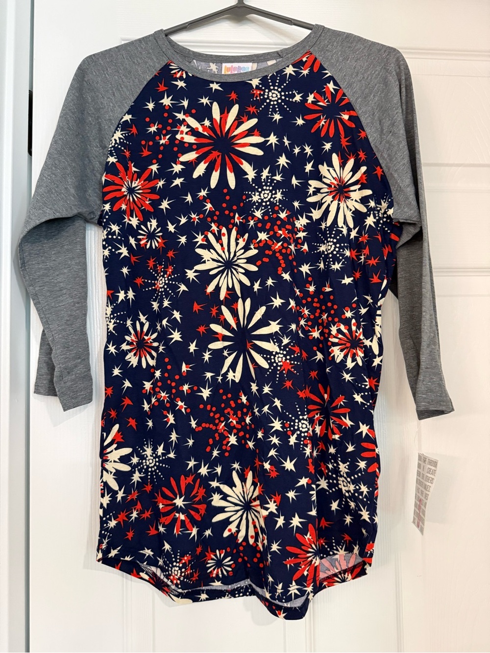 Lularoe Randy Navy & Red Fireworks Raglan Shirt